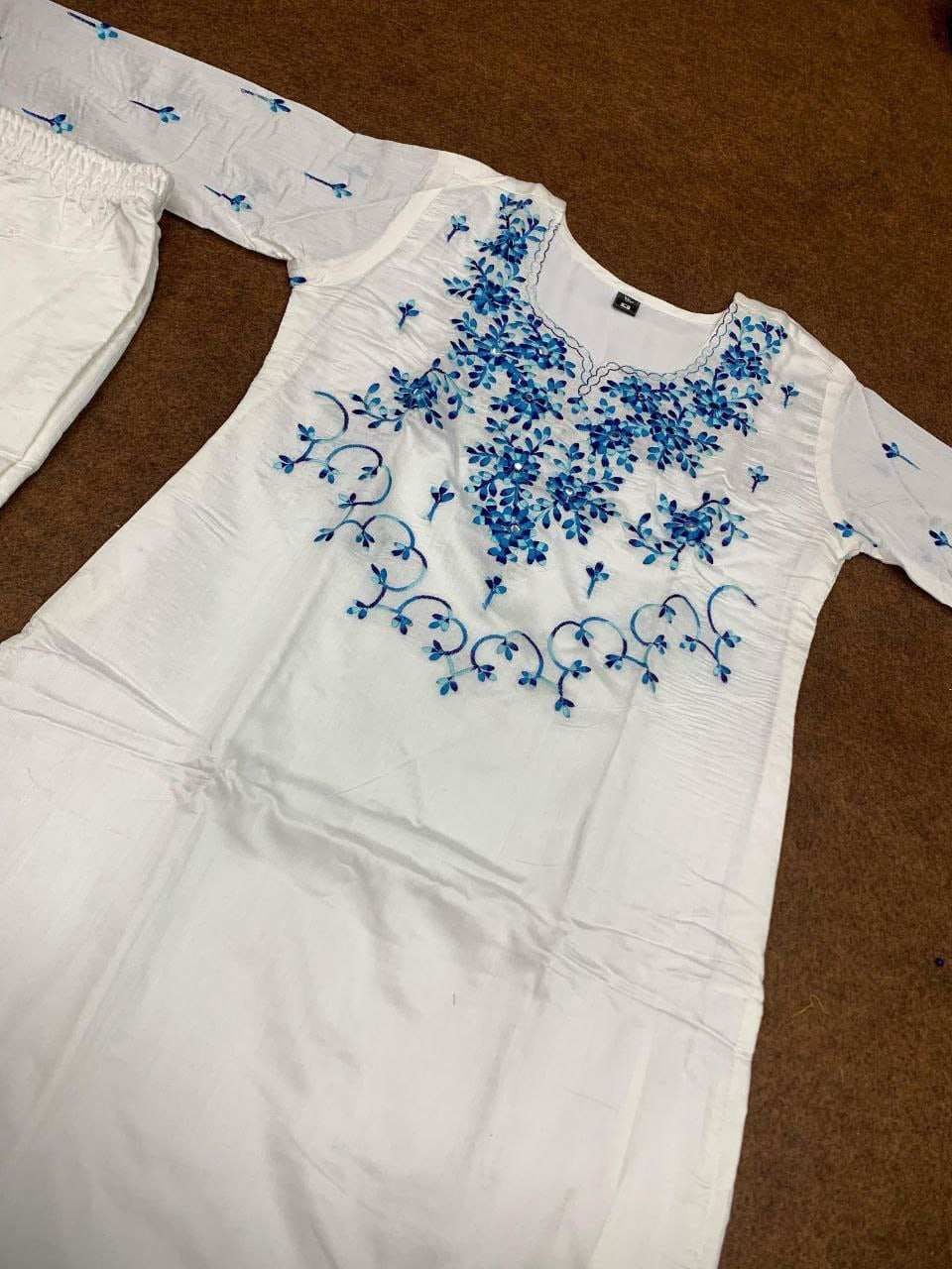 Timeless White Chanderi Kurta Set with Blue embroidery Cool Charm