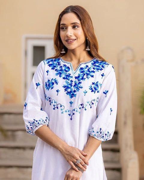 Timeless White Chanderi Kurta Set with Blue embroidery Cool Charm