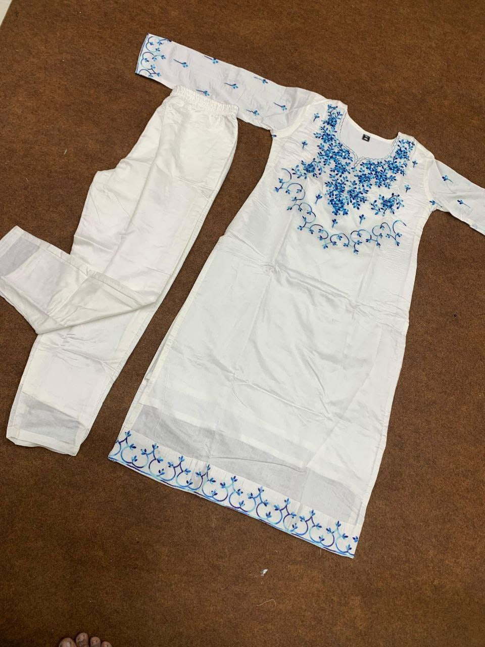 Timeless White Chanderi Kurta Set with Blue embroidery Cool Charm