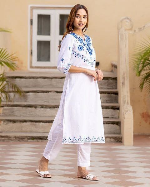 Timeless White Chanderi Kurta Set with Blue embroidery Cool Charm