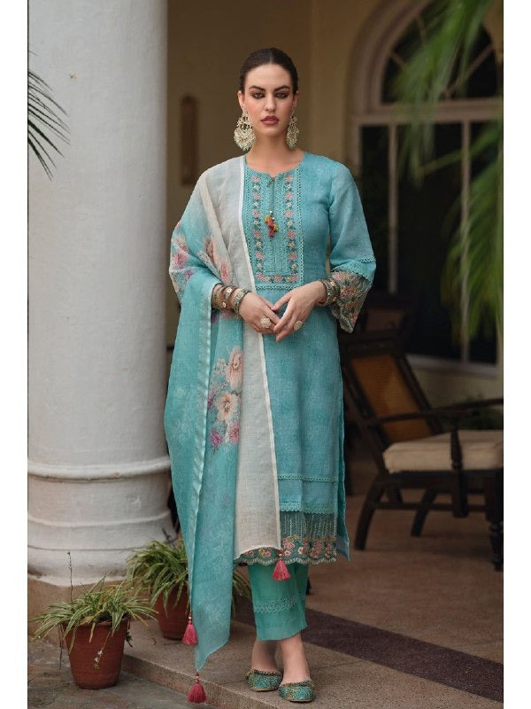 Embroidered Linen Cotton Kurta Set- Aqua Blue