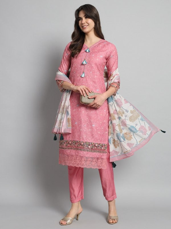 Embroidered Linen Cotton Kurta Set- Pink