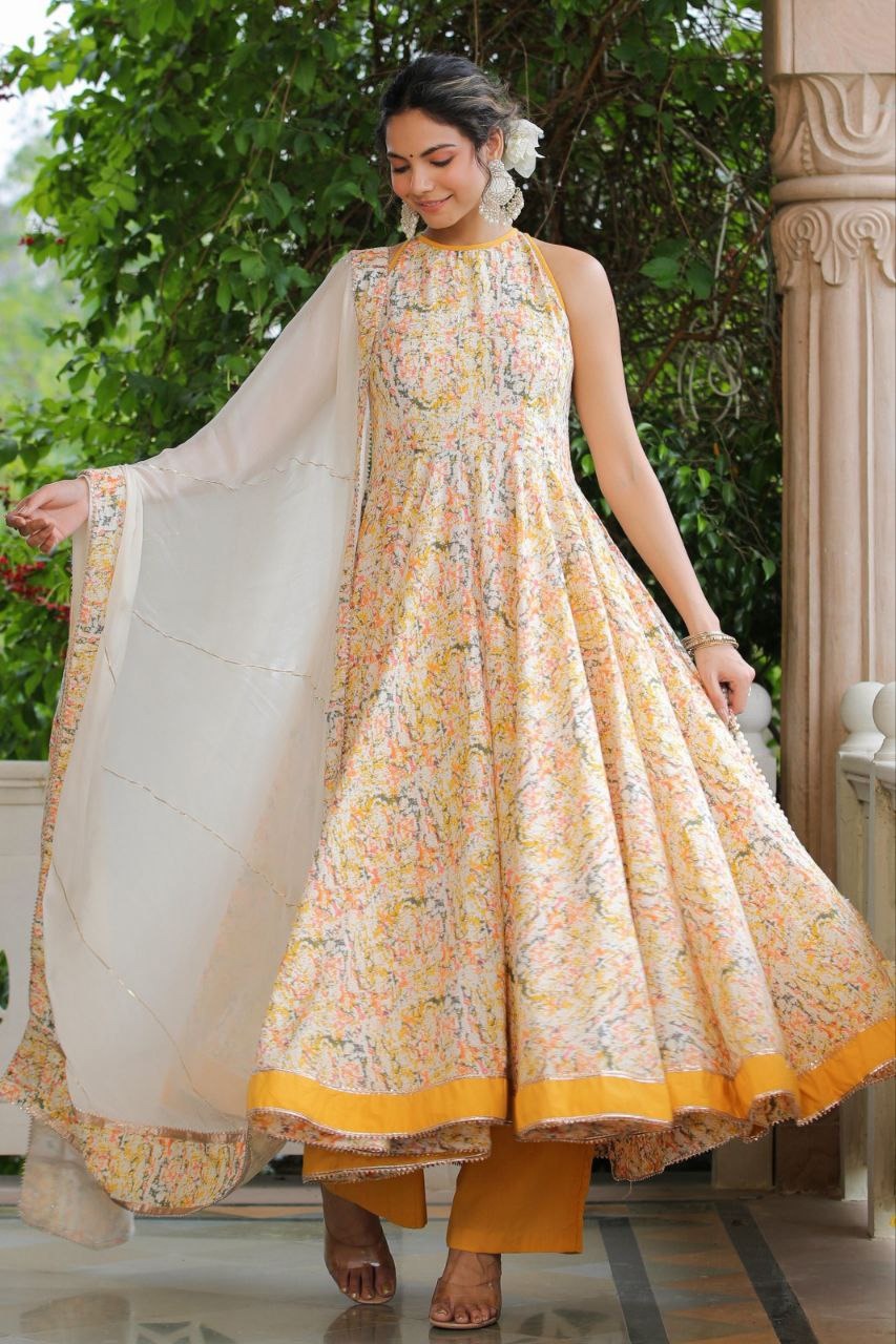 Halter Neck Anarkali Set Is Made From A Soft And Comfortable Cotton Blend