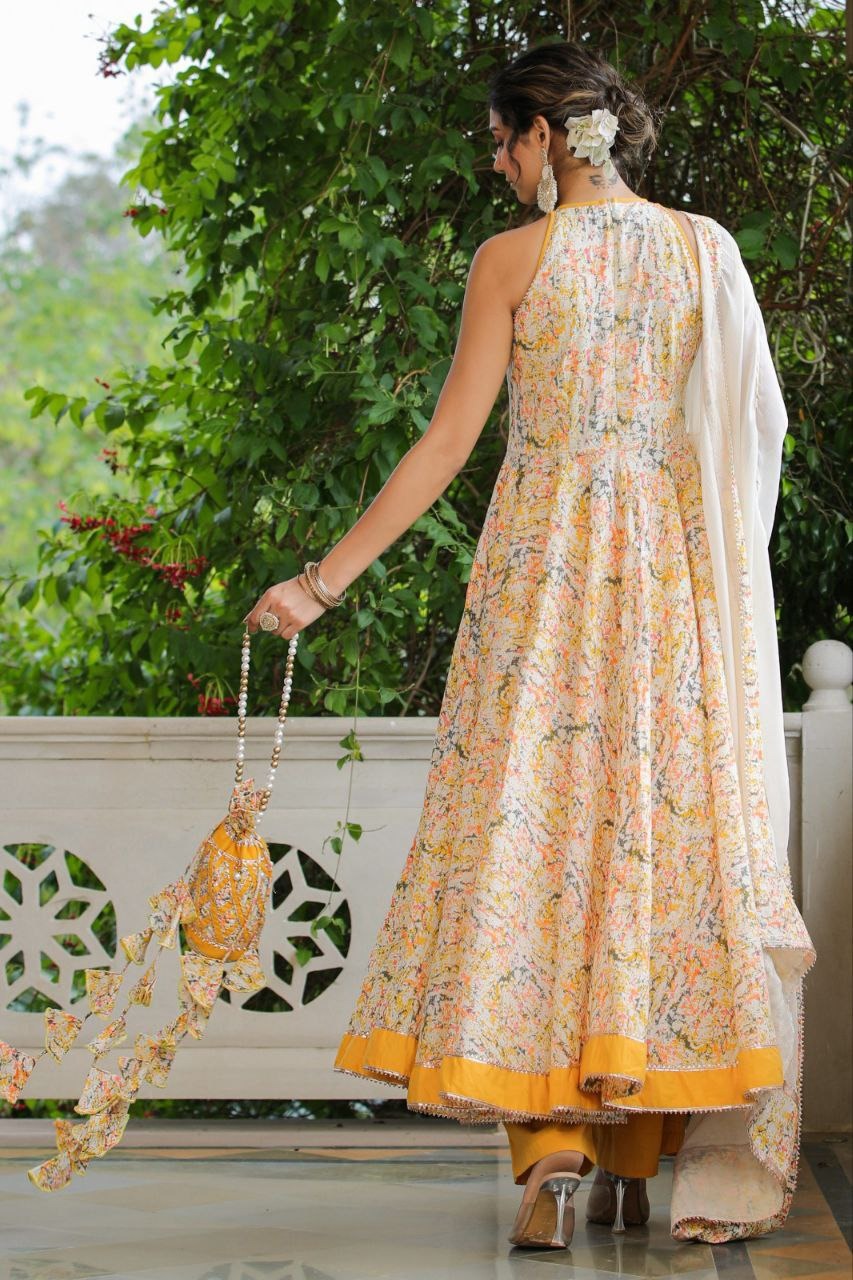 Halter Neck Anarkali Set Is Made From A Soft And Comfortable Cotton Blend