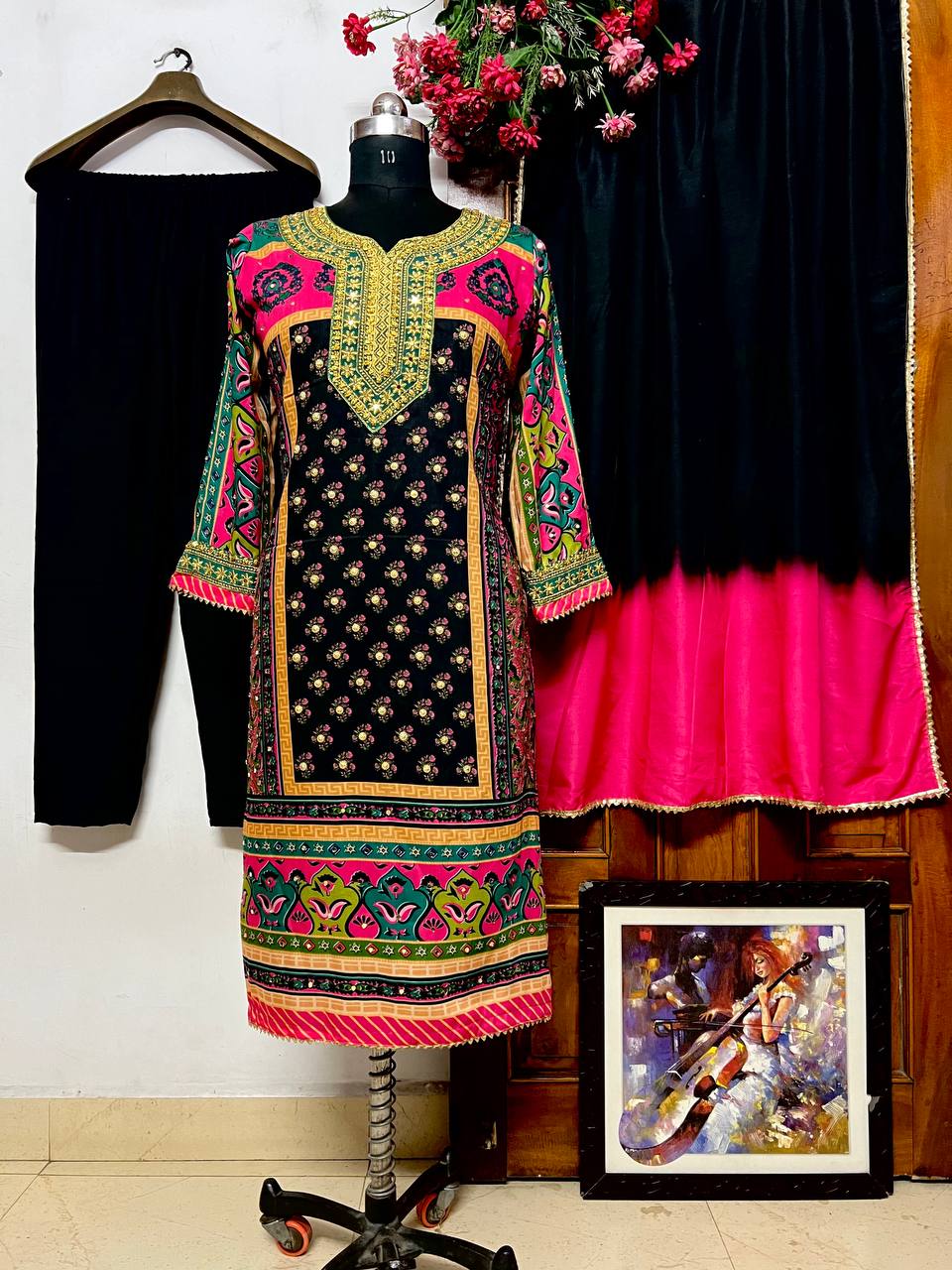 Black Pink Royal Kurta Set made with Muslin cotton.