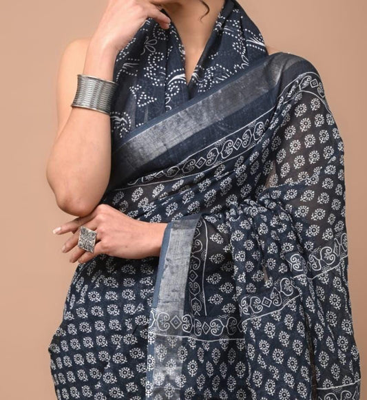 Black Linen saree with beautiful Digital Printed pallu Silver jari Weaving border