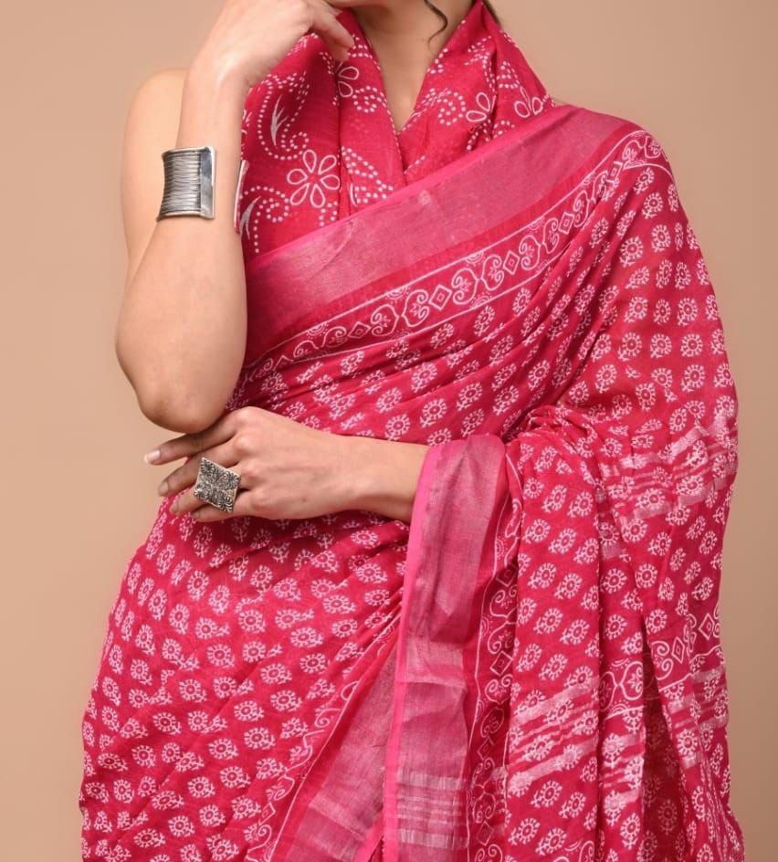 Linen saree with beautiful Digital Printed pallu Silver jari Weaving border