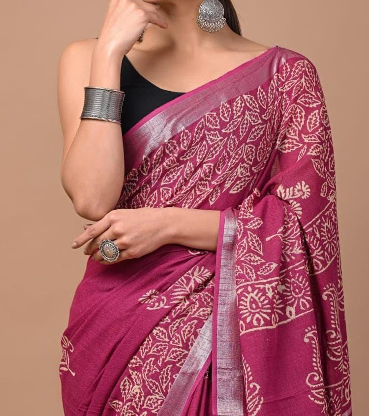 Linen saree with beautiful Digital Printed pallu Silver jari Weaving border