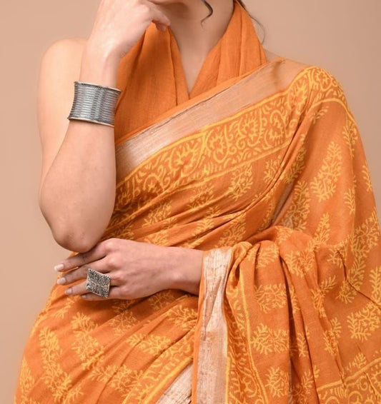 Orange Linen saree with beautiful Digital Printed pallu Silver jari Weaving border