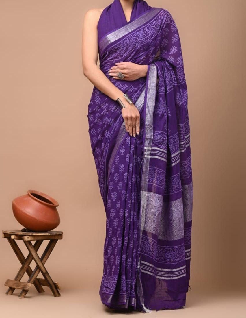 Linen saree with beautiful Digital Printed pallu Silver jari Weaving border