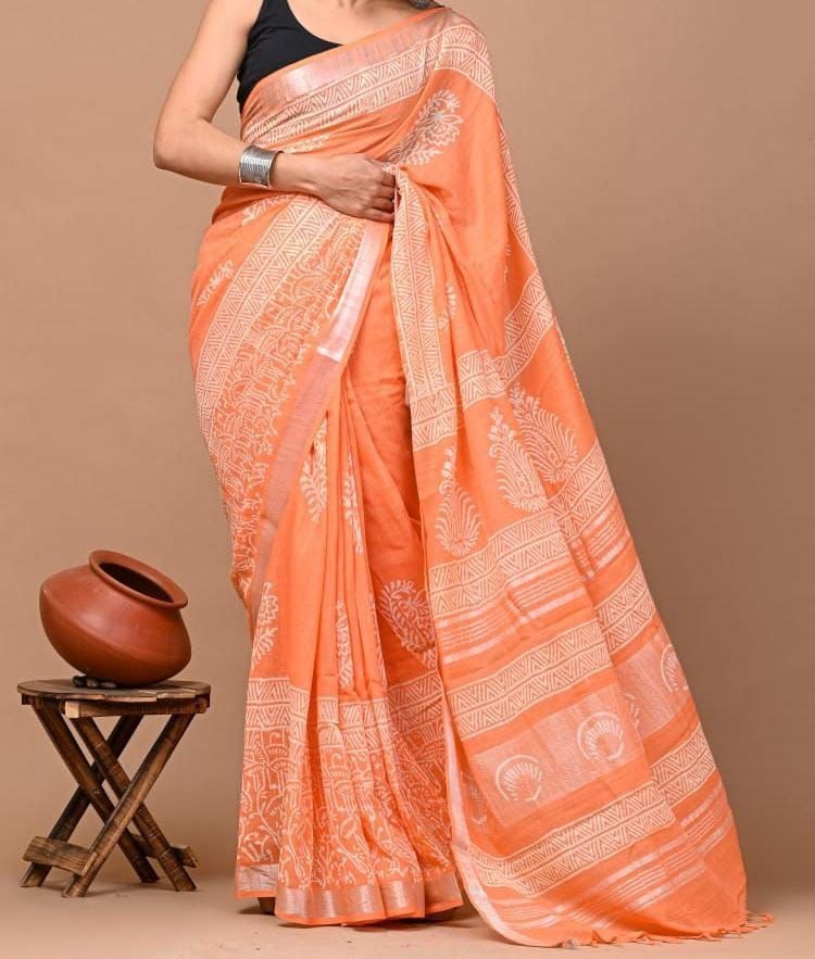 Linen saree with beautiful Digital Printed pallu Silver jari Weaving border