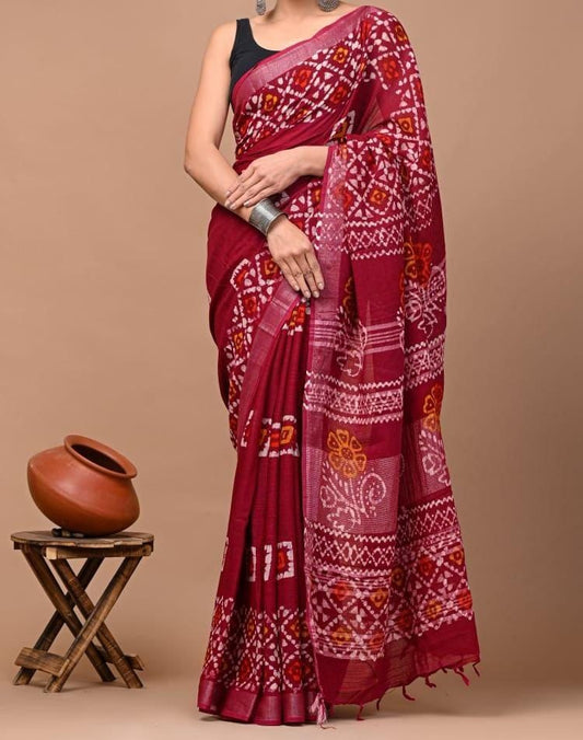 Linen saree with beautiful Digital Printed pallu Silver jari Weaving border