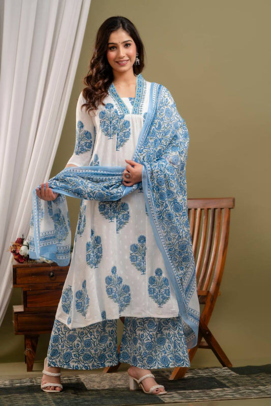 Serene Sky Cotton Ensemble Kurta Set with Trouser & dupatta