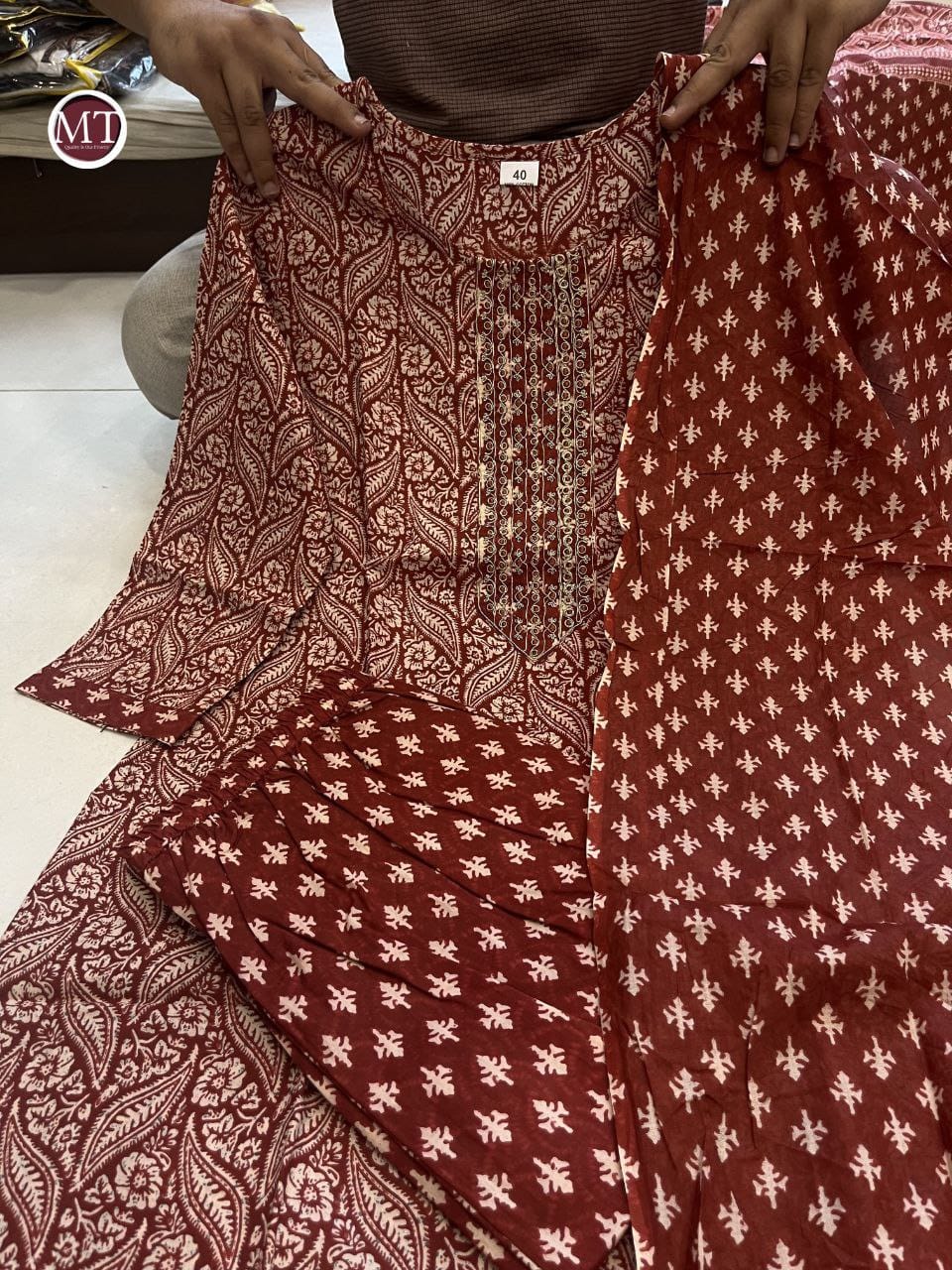 Maroon 100% Cotton 3 pc Kurta Set