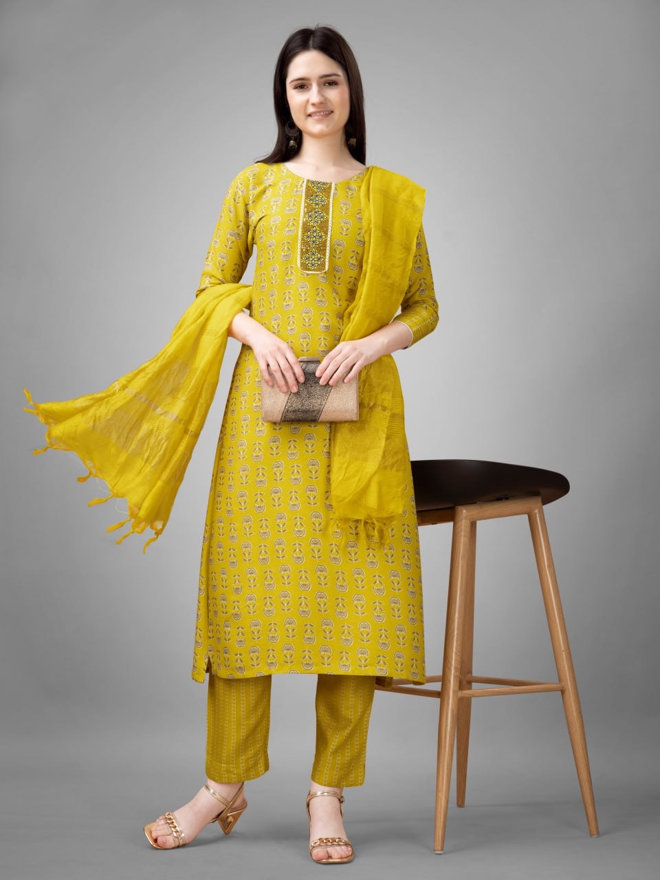 Lucky Yellow Printed Rayon fully stitched Pakistani Suit