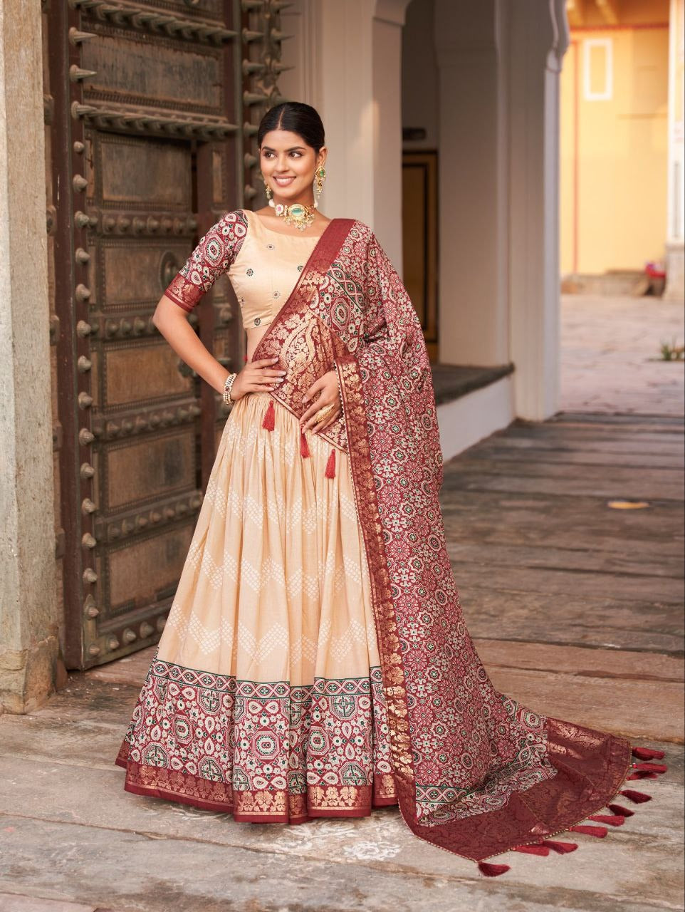 Silk Lehenga Choli With Tassels, Dot And Ajarakh with Foil Print