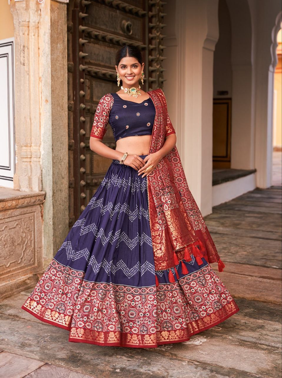 Silk Lehenga Choli With Tassels, Dot And Ajarakh with Foil Print