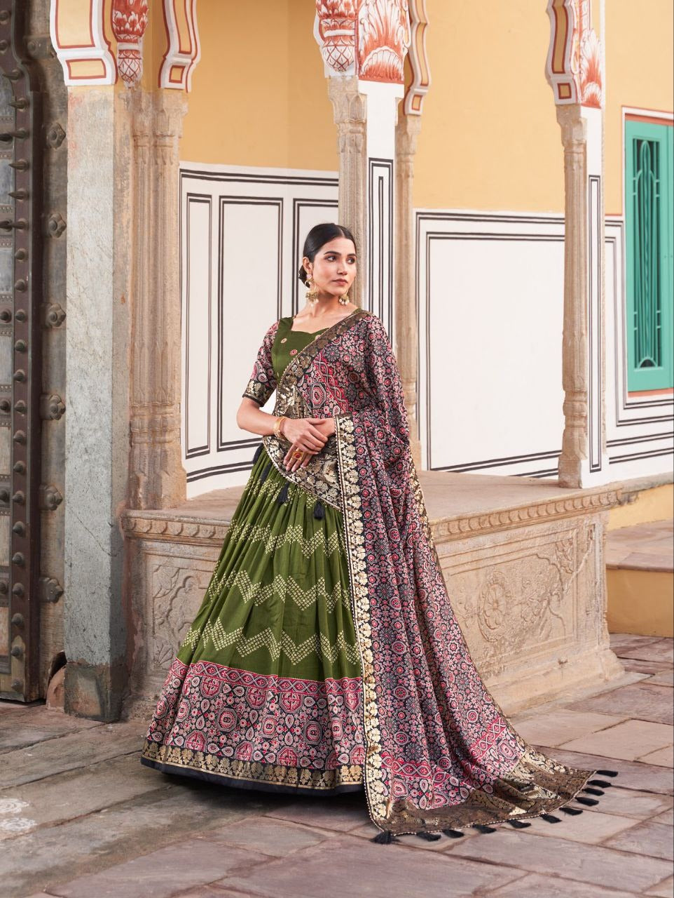 Silk Lehenga Choli With Tassels, Dot And Ajarakh with Foil Print