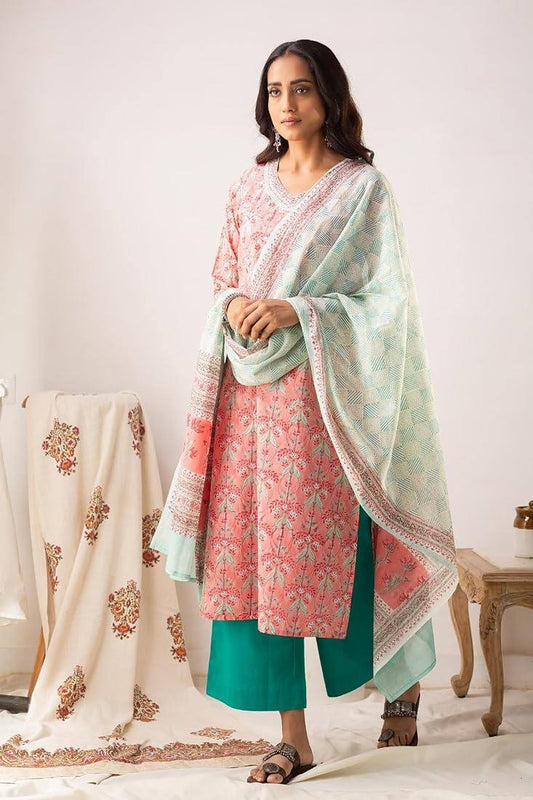 Summer Vibes Peachy Super Soft Cotton Kurta set with Dupatta & trouser