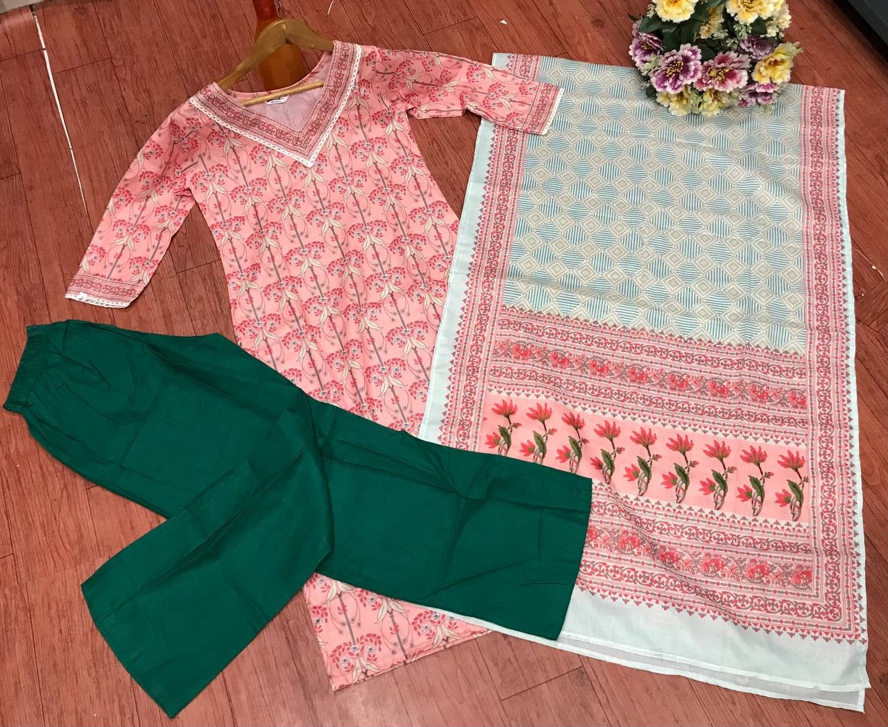 Summer Vibes Peachy Super Soft Cotton Kurta set with Dupatta & trouser