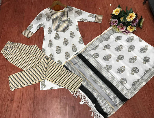 Super Soft Cotton Black & white design Kurta set with trouser & dupatta perfect Summer days