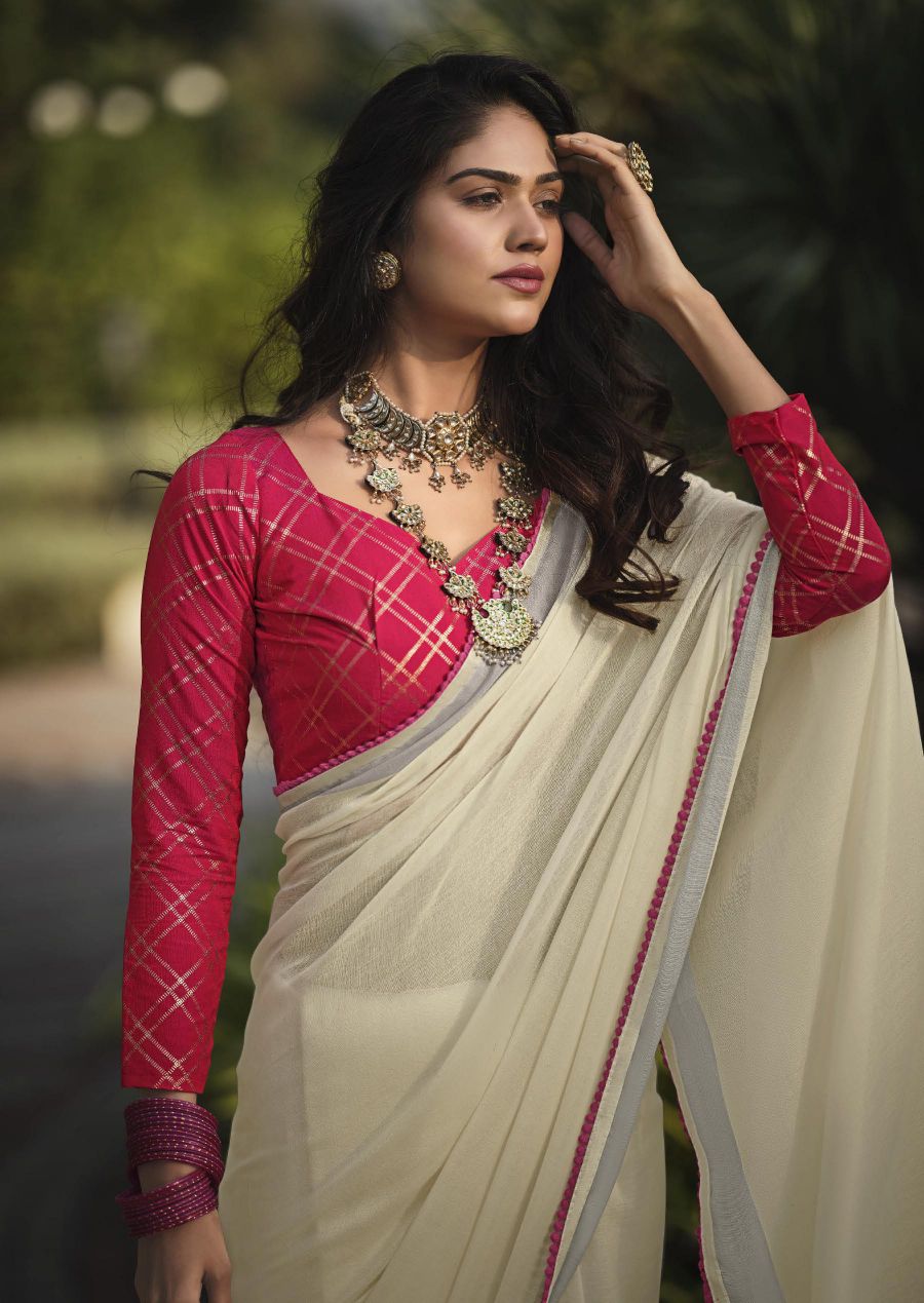 Linen Silk Saree With Lace & Rich Blouse- Off-white