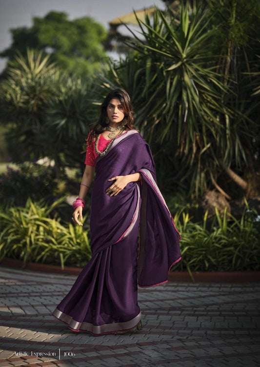 Silk Saree With Lace & Rich Blouse- Violet