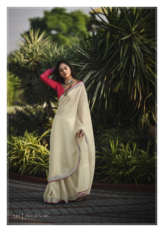 Linen Silk Saree With Lace & Rich Blouse- Off-white