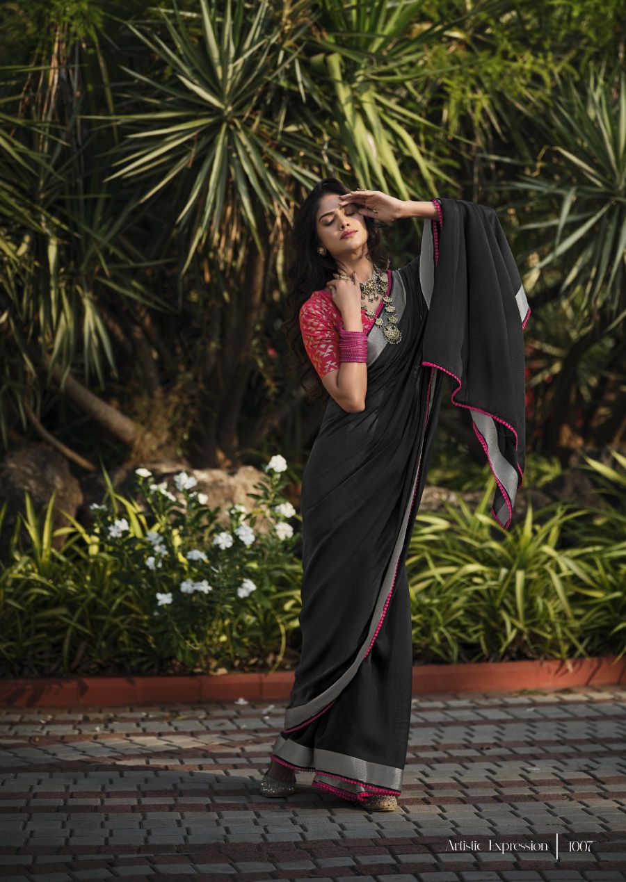 Linen Silk Saree With Lace & Rich Blouse- Black