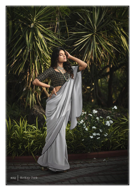 Linen Silk Saree With Lace & Rich Blouse- Light Grey