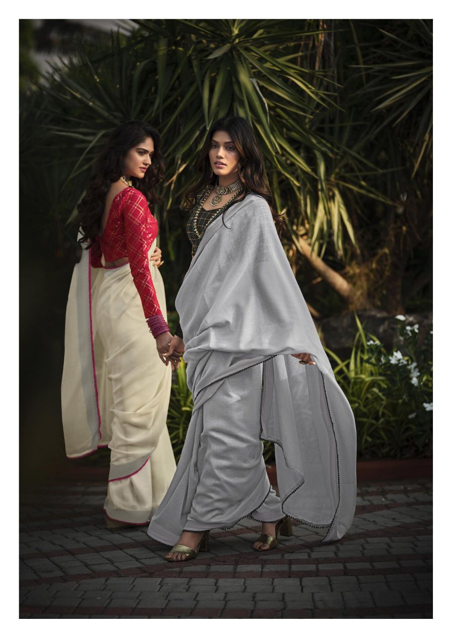 Linen Silk Saree With Lace & Rich Blouse- Off-white