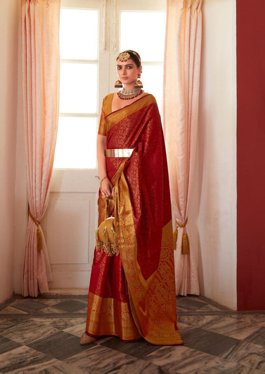 Beautiful Kanchivaram saree with Zari-  Sunburst orange