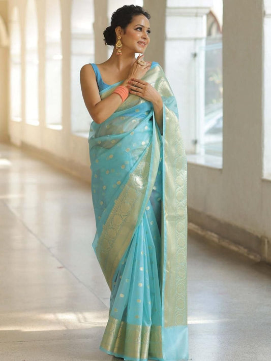 Aqua blue Kanchipuram Organza Saree