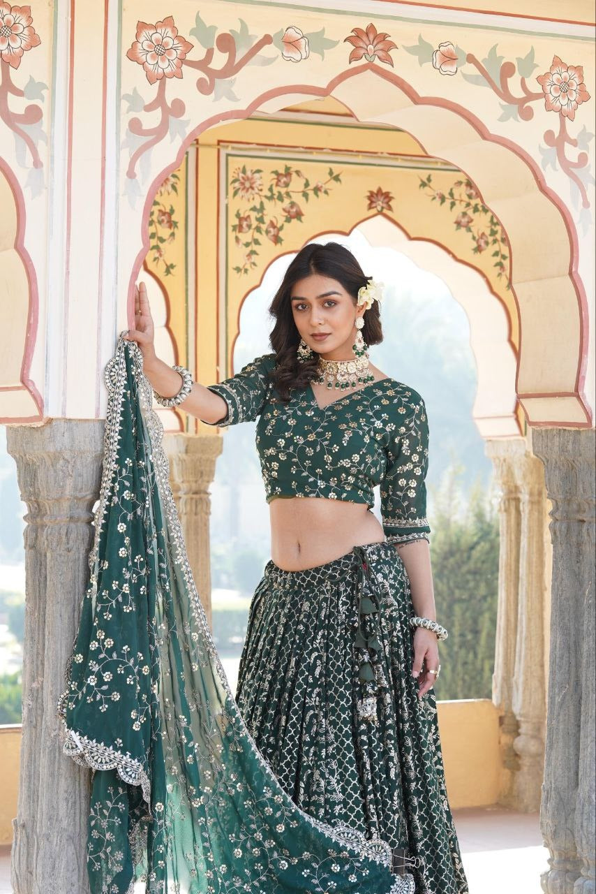 Green Royal Aura: Sequin Jacquard Lehenga