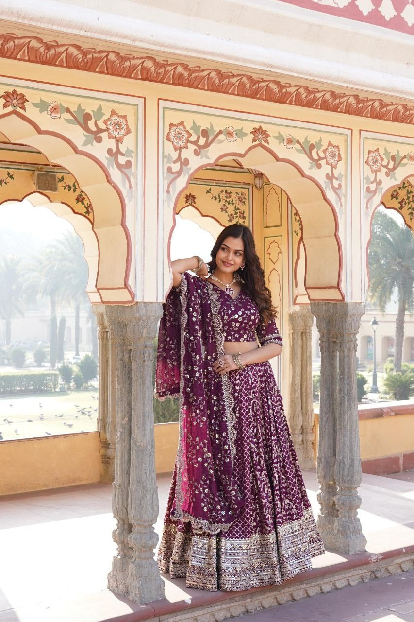 Wine Red Royal Aura: Sequin Jacquard Lehenga