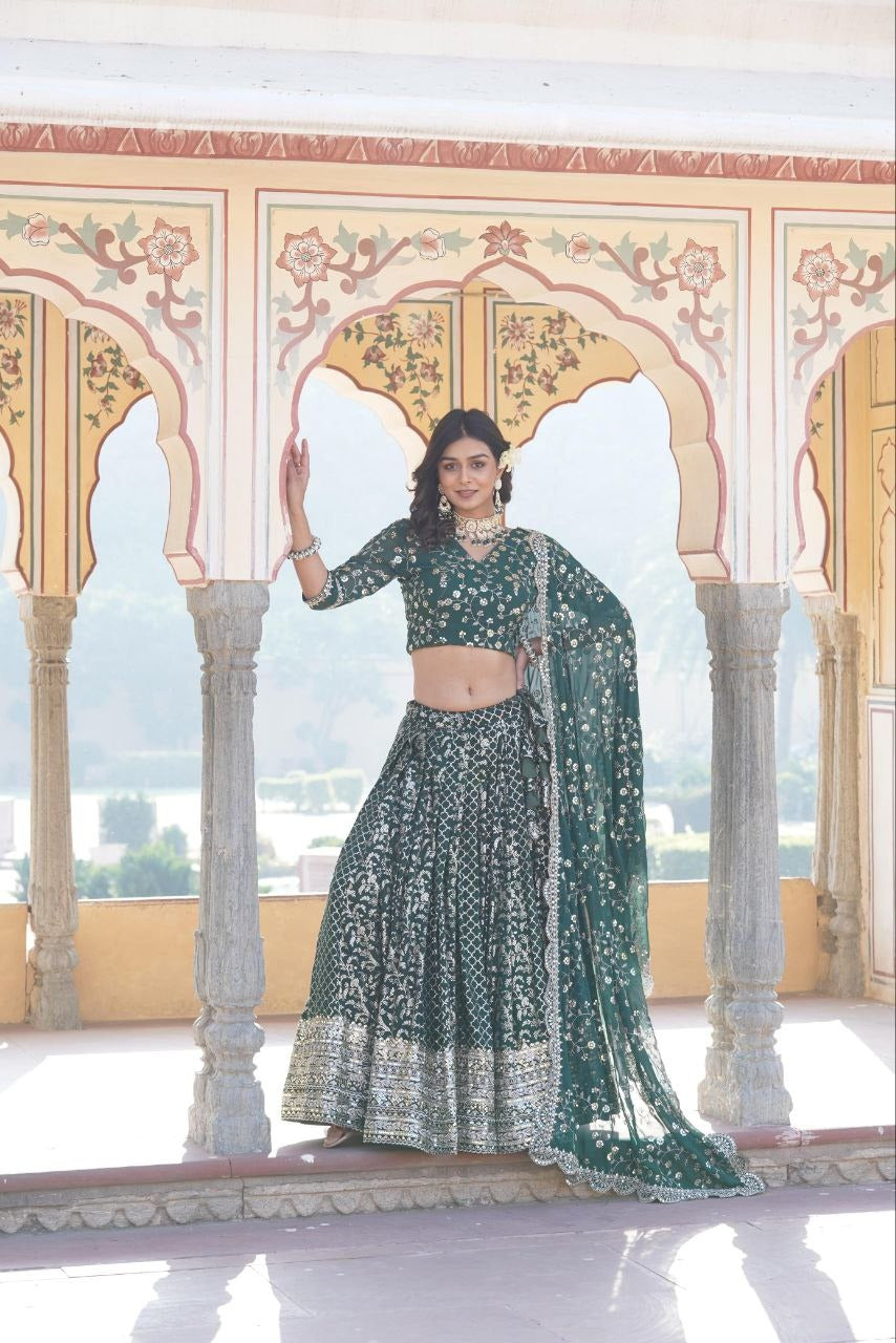 Green Royal Aura: Sequin Jacquard Lehenga