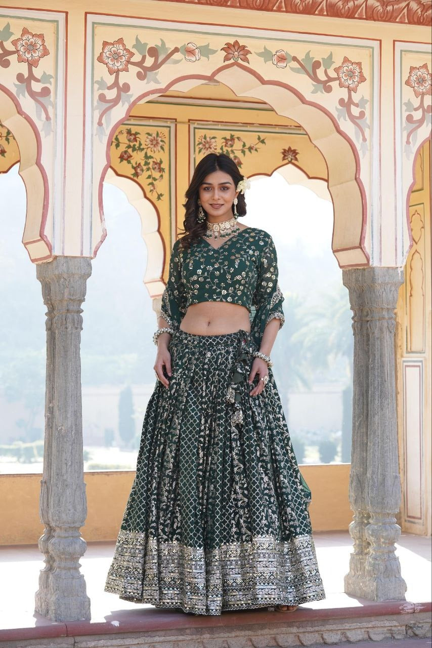 Green Royal Aura: Sequin Jacquard Lehenga