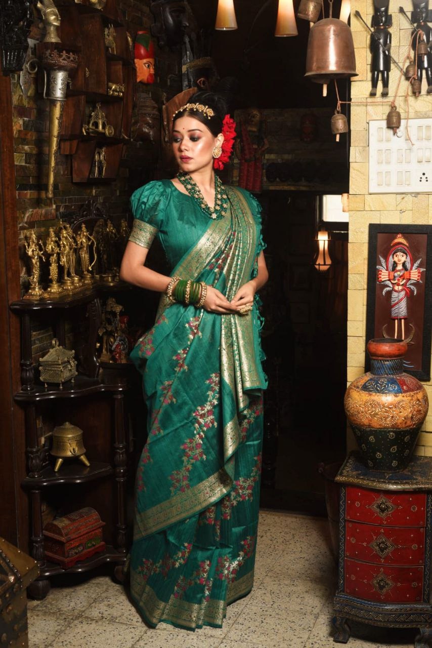 Royal green Tussar Silk Jamdani Weaving Saree