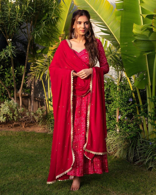 Red Rayon Bandhani Suit Set