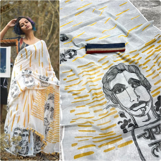 Must-Have Linen Saree - cool graphic printed Yellow