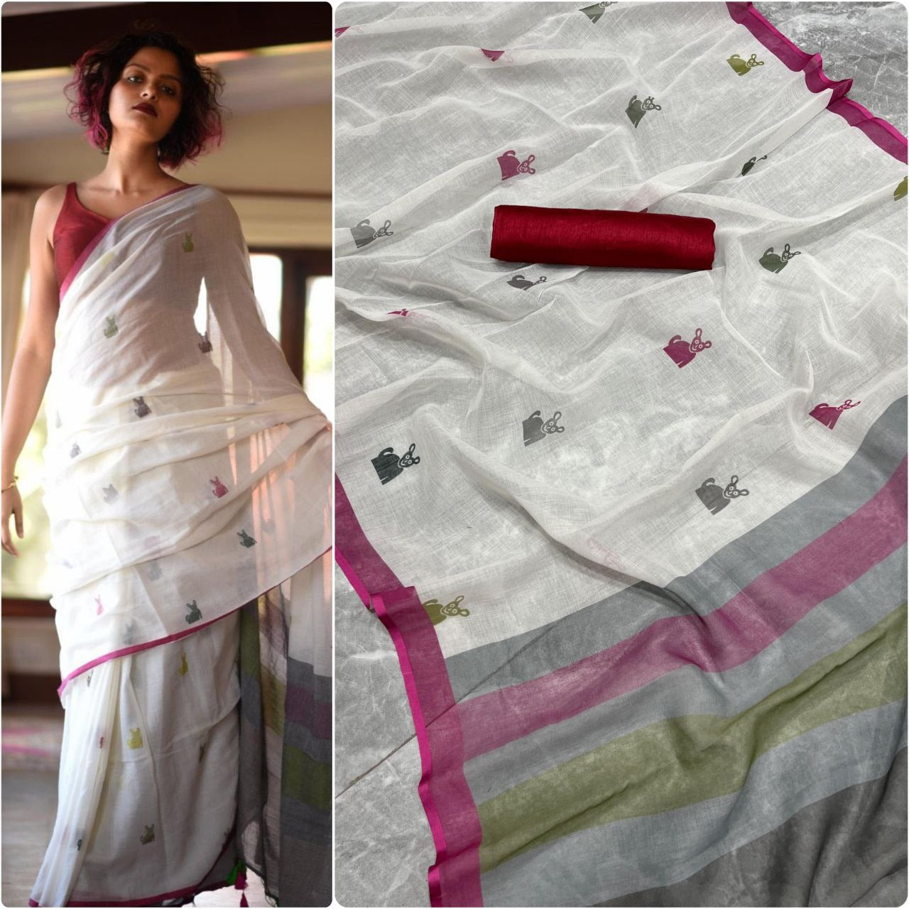 Summer Must-Have Linen Saree - Rose Red blouse