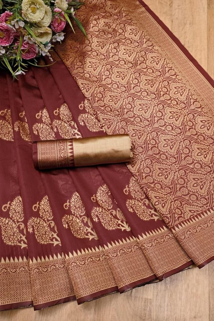 Mesmerizing Maroon Saree with Golden Embroidery