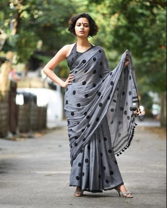 Summer Must have - Black Polka dotted Pure Linen Saree with blouse