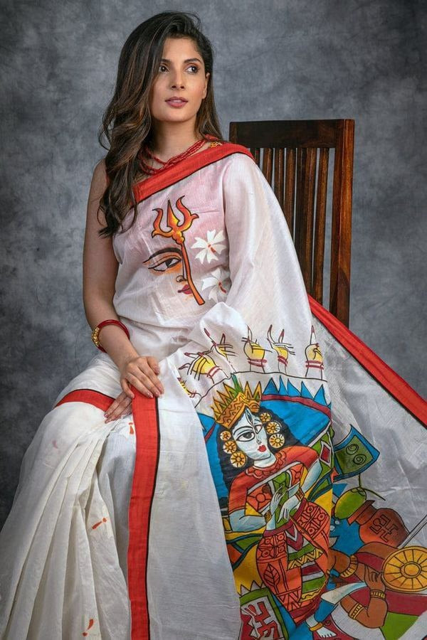 Summer Must have - Shiv Shakti  White & Red embroidered Pure Linen Saree with blouse