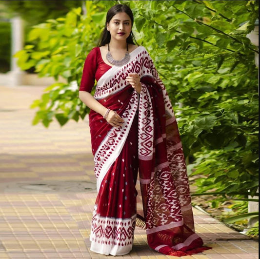 Summer Must have - Laal Saree Shada Paar (Red Linen Saree with white embroiddery ) with blouse