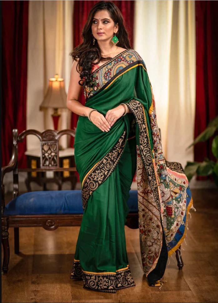 Summer Must have - Prosperity Green linen Saree with blouse