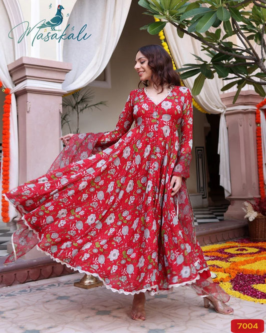 Muslin Silk Red Floral Kurta Set  with Dupatta