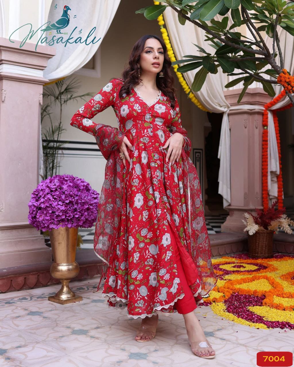 Muslin Silk Red Floral Kurta Set  with Dupatta