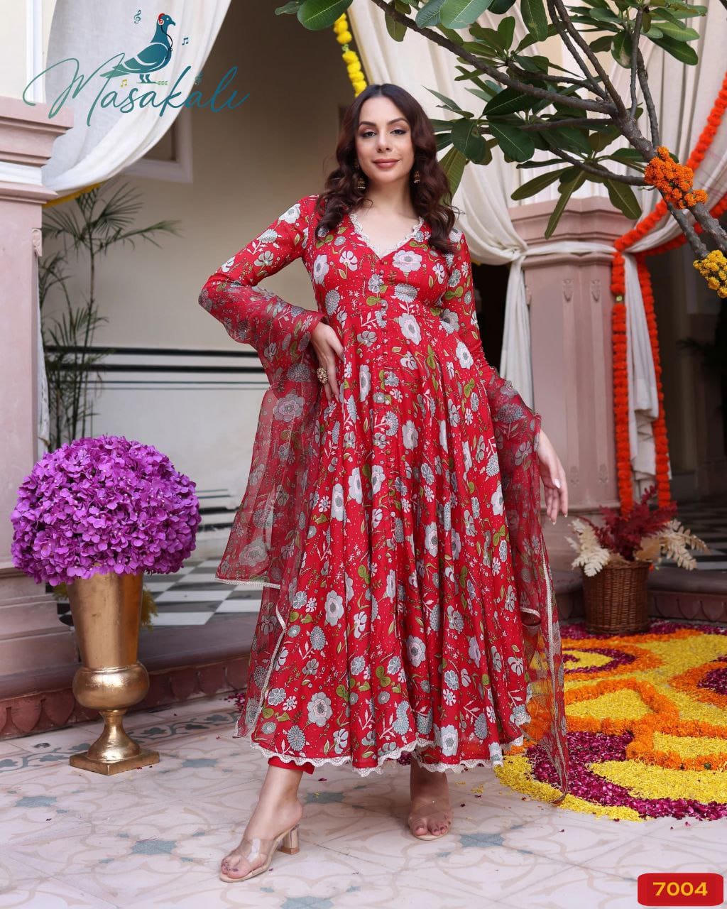 Muslin Silk Red Floral Kurta Set  with Dupatta