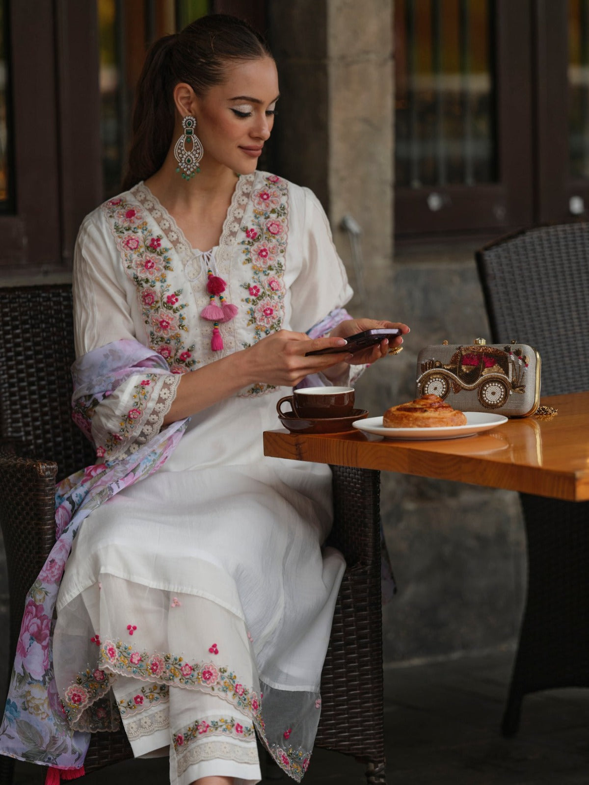 White Chanderi Embroidered Kurta Pant Dupatta Set